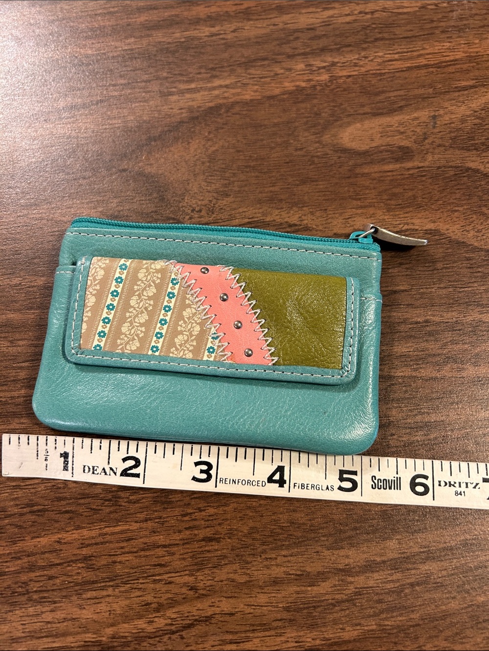 Fossil Teal Leather Zip Card Holder with Multicolor Accent